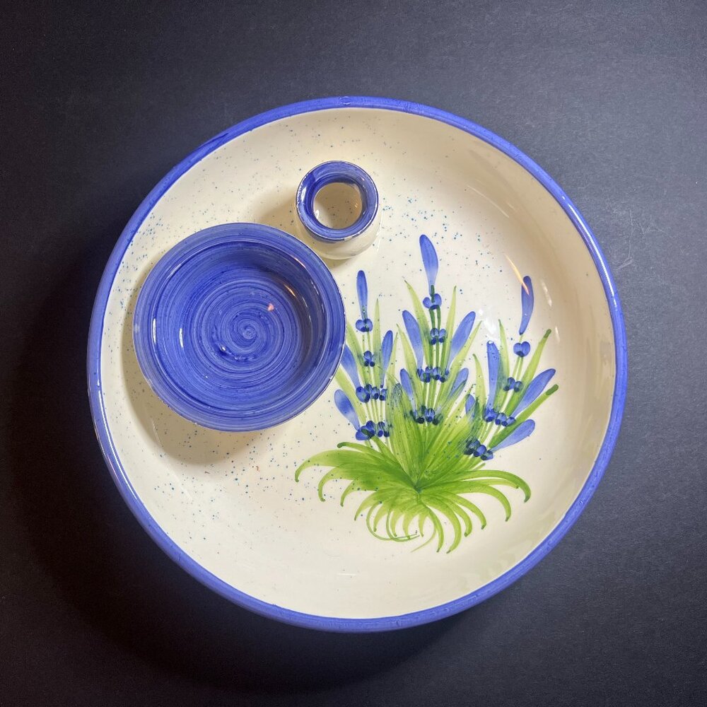 VTG Ceramique Fait Main Geraldine Pottery Art Floral Lavender Olive Bowl Dish